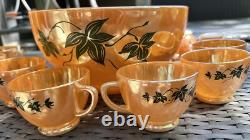 Fire King Anchor Hocking Glass Punch Bowl Cups Set 12 Peach Luster MCM HTF Rare
