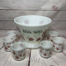 Fire King Egg Nog Christmas Punch Bowl 6 Mugs Base Set Vintage Snowflakes MCM