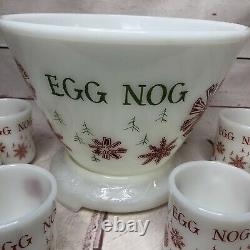 Fire King Egg Nog Christmas Punch Bowl 6 Mugs Base Set Vintage Snowflakes MCM