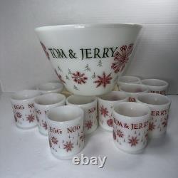 Fire King Tom Jerry Punch Bowl Set 11 Mugs Glass Holiday Egg Nog Red White