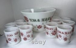Fire King Tom Jerry Punch Bowl Set 11 Mugs Glass Holiday Egg Nog Red White