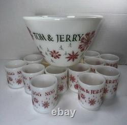 Fire King Tom Jerry Punch Bowl Set 11 Mugs Glass Holiday Egg Nog Red White