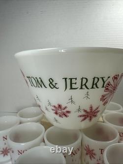Fire King Tom Jerry Punch Bowl Set 11 Mugs Glass Holiday Egg Nog Red White