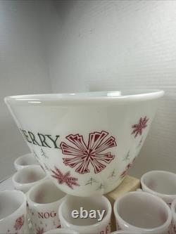 Fire King Tom Jerry Punch Bowl Set 11 Mugs Glass Holiday Egg Nog Red White
