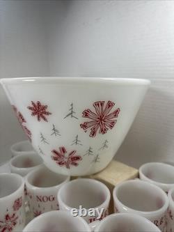 Fire King Tom Jerry Punch Bowl Set 11 Mugs Glass Holiday Egg Nog Red White