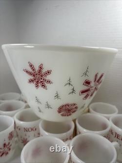 Fire King Tom Jerry Punch Bowl Set 11 Mugs Glass Holiday Egg Nog Red White