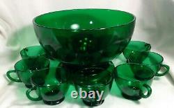 Forest Green Anchor Hocking Punch Bowl Stand 11 Footed Glasses