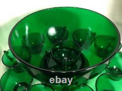 Forest Green Anchor Hocking Punch Bowl Stand 11 Footed Glasses