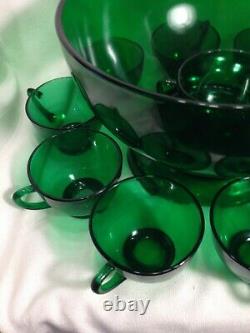 Forest Green Anchor Hocking Punch Bowl Stand 11 Footed Glasses