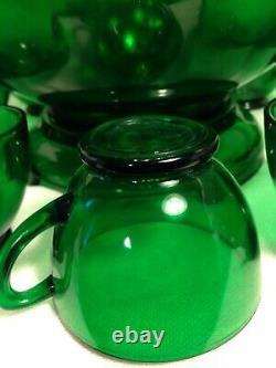 Forest Green Anchor Hocking Punch Bowl Stand 11 Footed Glasses