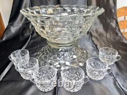 Fostoria American 14.5 Punch Bowl On Base + 6 Cups MCM Vintage Glass Wedding
