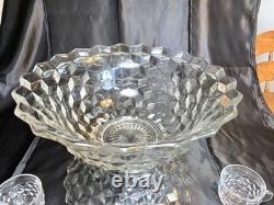 Fostoria American 14.5 Punch Bowl On Base + 6 Cups MCM Vintage Glass Wedding
