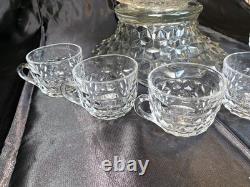 Fostoria American 14.5 Punch Bowl On Base + 6 Cups MCM Vintage Glass Wedding