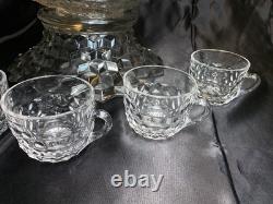 Fostoria American 14.5 Punch Bowl On Base + 6 Cups MCM Vintage Glass Wedding