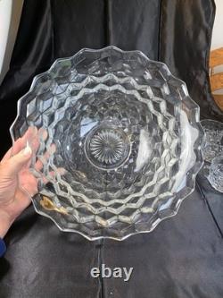 Fostoria American 14.5 Punch Bowl On Base + 6 Cups MCM Vintage Glass Wedding