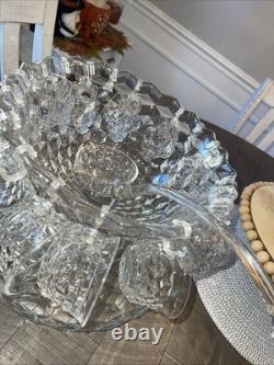 Fostoria American Footed punch bowl centerpiece + Underplate + 12 Cups + Ladle