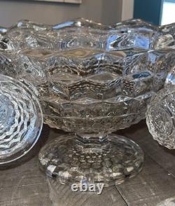 Fostoria American Footed punch bowl centerpiece + Underplate + 12 Cups + Ladle