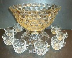 Fostoria American PUNCH BOWL, PEDESTAL BASE, and 8 CUPS
