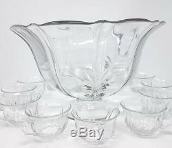 Fostoria -Baroque- Clear Crystal Glass Footed Punch Bowl with 12 Cups plus Ladle