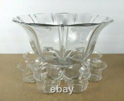 Fostoria Baroque Glass Punch Bowl & 6 Punch Cups Elegant Glass (@b8)