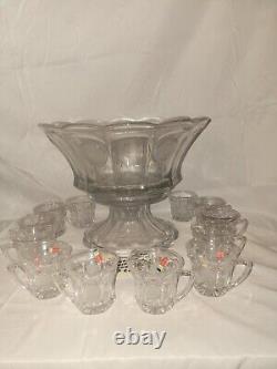 Fostoria FROSTED COIN GLASS CLEAR CRYSTAL PUNCH BOWL WITH PEDESTAL AND 12 CUPS