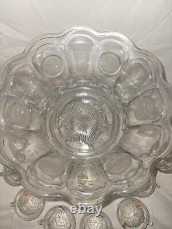 Fostoria FROSTED COIN GLASS CLEAR CRYSTAL PUNCH BOWL WITH PEDESTAL AND 12 CUPS