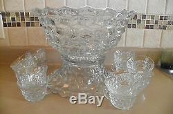 Fostoria Glass American Banquet 14 Punch Bowl Set With Stand and 12 cups