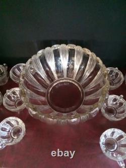 Fostoria SunRay Vintage Punch Bowl With 12 Matching Cups. Excellent Condition
