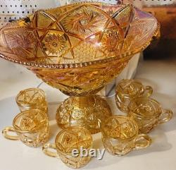 G63-Imperial Glass Marigold Carnival Glass Punch bowl set 8 Pieces