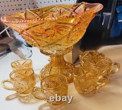 G63-Imperial Glass Marigold Carnival Glass Punch bowl set 8 Pieces