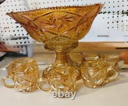 G63-Imperial Glass Marigold Carnival Glass Punch bowl set 8 Pieces