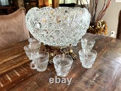 GORGEOUS L. E. SMITH GLASS PUNCH BOWL AND ORNATE STAND WithCUPS