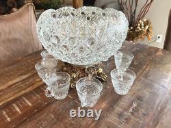 GORGEOUS L. E. SMITH GLASS PUNCH BOWL AND ORNATE STAND WithCUPS