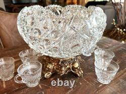 GORGEOUS L. E. SMITH GLASS PUNCH BOWL AND ORNATE STAND WithCUPS