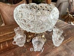 GORGEOUS L. E. SMITH GLASS PUNCH BOWL AND ORNATE STAND WithCUPS