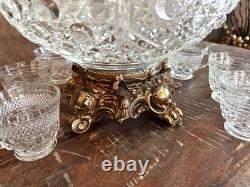 GORGEOUS L. E. SMITH GLASS PUNCH BOWL AND ORNATE STAND WithCUPS