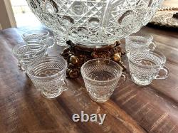 GORGEOUS L. E. SMITH GLASS PUNCH BOWL AND ORNATE STAND WithCUPS