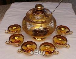 GORGEOUS! Rare Venetian Murano Glass & 24K Gold Leaf Punch Bowl & Cups Set