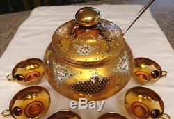 GORGEOUS! Rare Venetian Murano Glass & 24K Gold Leaf Punch Bowl & Cups Set