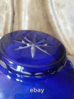 GRAND COBALT BLUE CUT TO CLEAR QUEENS LACE CRYSTAL PUNCH BOWL 11 x 4.75