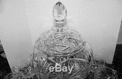 German Brilliant Cut Crystal PUNCH BOWL & CUPS/ Lid Stunning Vintage W Germany