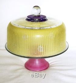 Glass Cake Stand Hand Painted and Frosted With Lid Converts To Punch Bowl