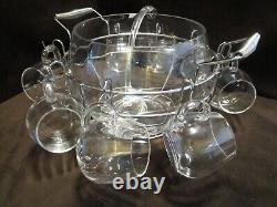 Glass Optic Glass Punch bowl 11 pc. Set with Rack Holder cups Crate-&-Barrel 17 W