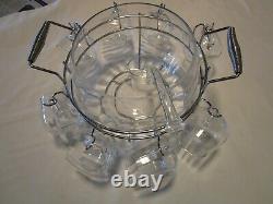 Glass Optic Glass Punch bowl 11 pc. Set with Rack Holder cups Crate-&-Barrel 17 W