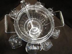 Glass Optic Glass Punch bowl 11 pc. Set with Rack Holder cups Crate-&-Barrel 17 W