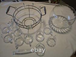 Glass Optic Glass Punch bowl 11 pc. Set with Rack Holder cups Crate-&-Barrel 17 W