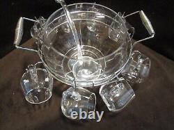 Glass Optic Glass Punch bowl 11 pc. Set with Rack Holder cups Crate-&-Barrel 17 W