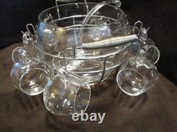 Glass Optic Glass Punch bowl 11 pc. Set with Rack Holder cups Crate-&-Barrel 17 W