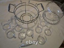 Glass Optic Glass Punch bowl 11 pc. Set with Rack Holder cups Crate-&-Barrel 17 W