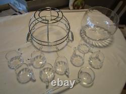 Glass Optic Glass Punch bowl 11 pc. Set with Rack Holder cups Crate-&-Barrel 17 W